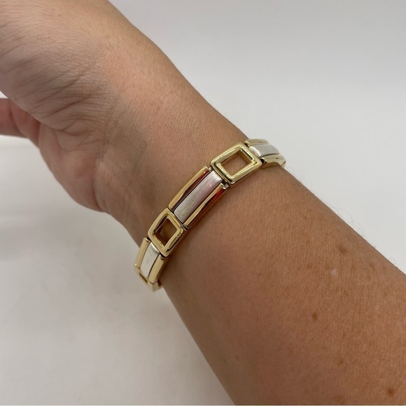 Minimalist Mixed Gold & Silver Tone Geometric Shape Stretch Bracelet Mid Century - Picture 1 of 5